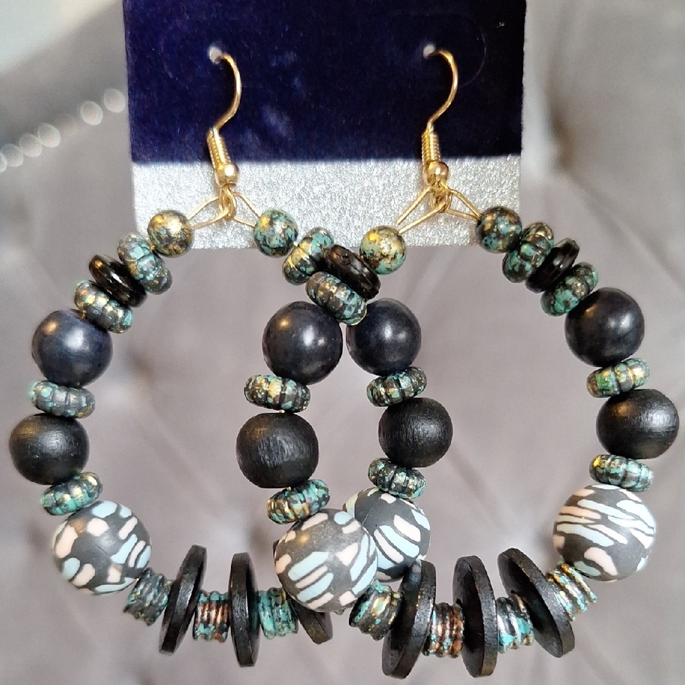 3 For $15 Boho Black, Turquoise, Gold Beaded Hoop Earrings